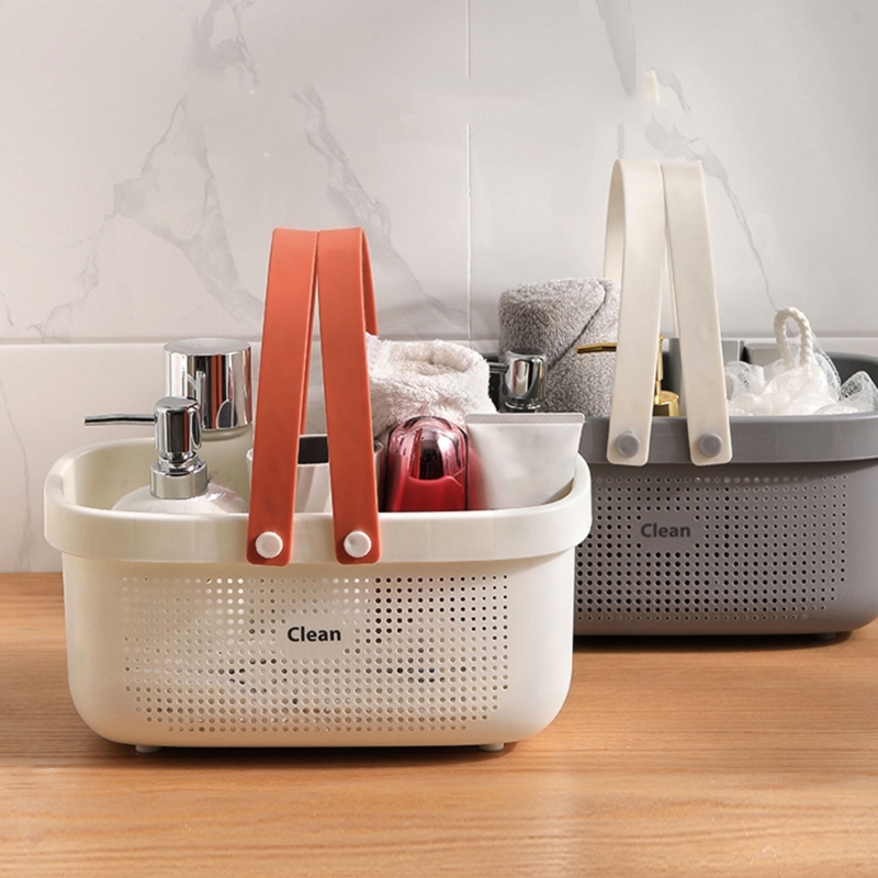 E8BD Plastic Storage Basket with Handles Shower Bins for Bathroom Kitchen Bath Drain Basket Cosmetic