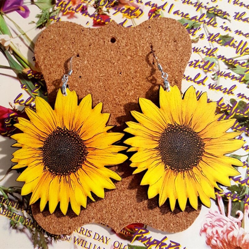 Hout Zonnebloem Oorbellen Voor Vrouwen Geel Grote Daisy Zonnebloem Verklaring Earring Mode-sieraden Beste Vriend: Default Title