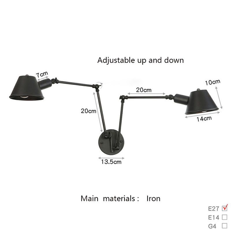 Svart rustikk årgang svømmearm vegglampe retro lange leselys på veggen justerbar jernapplikasjon murale armatur hjem