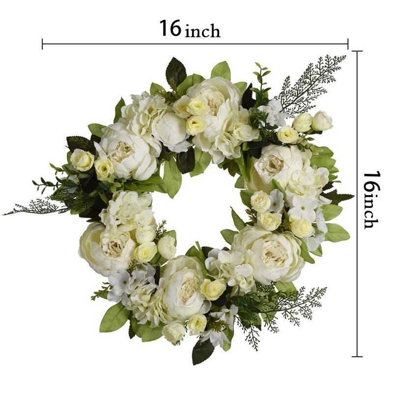 16 tommer pæon hortensia krans, kunstig pæon blomst krans dør krans med grønne blade forår krans til hoveddøren, bryllup