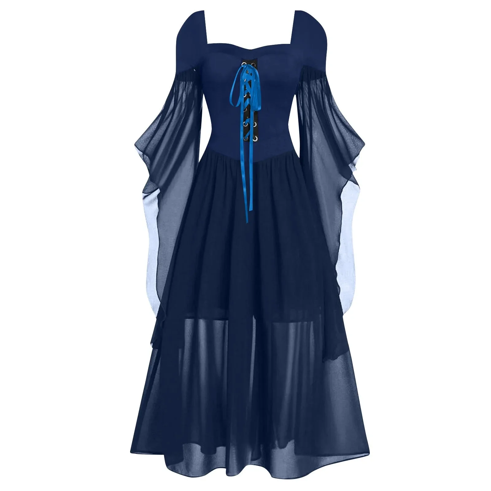 2024 Medieval Witch Dress For Women Halloween Carnival Women Plus Size Cold Shoulder Butterfly Sleeve Halloween Gothic Dress: S / Blue