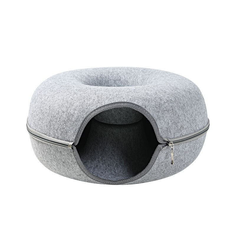 Trendy katteseng til indendørs katte kat tunnel og rund donut seng stor kat hule seng kat hård filt lynlås pude til alle årstider: Grå