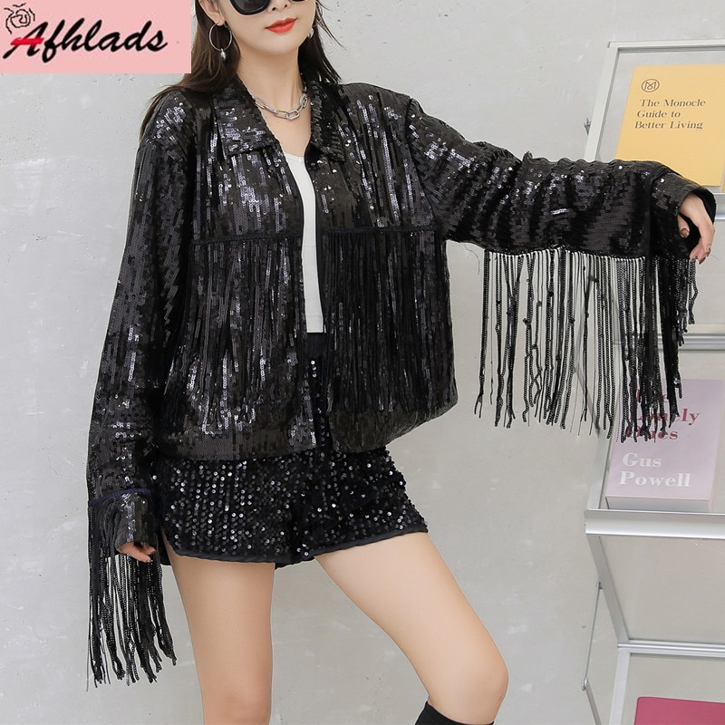 Chaquetas de lentejuelas de estilo Hip Hop para mujer, ropa de calle de Color liso, abrigo de retazos con borlas, ropa de cuello redondo, abrigos sueltos de manga larga: Negro