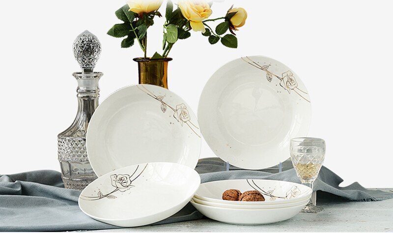 4pcs set, 8 inch, bone china dinner plates, golden rose, porcelain plates for food, ceramic dishes for serving, dinner plate set