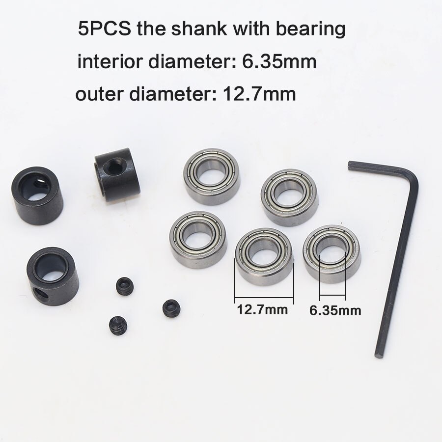 5pc Top Mounted 1/2, 3/8, 3/4 Bearing & Stop Ring for 1/4"1/2 SH Router Bit