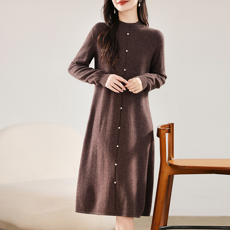 Herbst und Winter Damen kleid 100% Merinowolle Rundhals ausschnitt Langrock Perlen knopf Strick zur Seite fahren Kleid Damen kleid: M / Blau