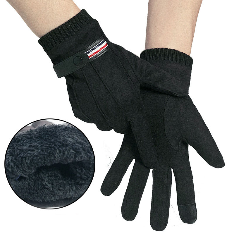 Men Winter Sport Riding Windproof Nonslip Touch Screen Warm Glove Suede Leather Plus Velvet Thick Full Finger Driving Mitten M94: Black
