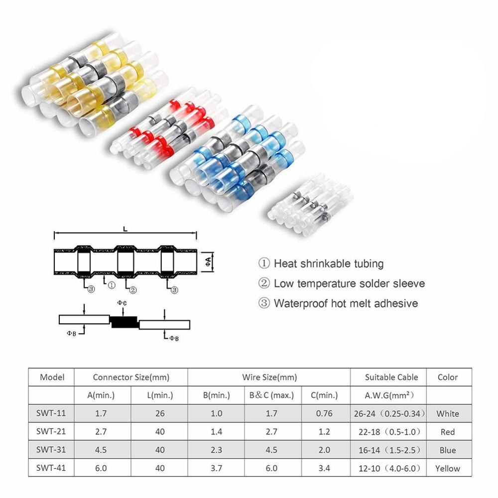 500Pcs Waterproof Solder Seal Sleeves Heat Shrink Butt Wire Connectors Electrical Cable Splice Tinned Terminals Universal