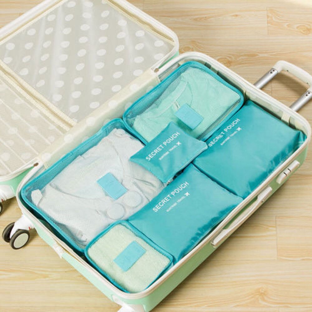 6 stk rejsearrangør taske tøjpose bærbar opbevaringsetui bagage kuffert chic tasker unisex brug rejsetilbehør: Blå