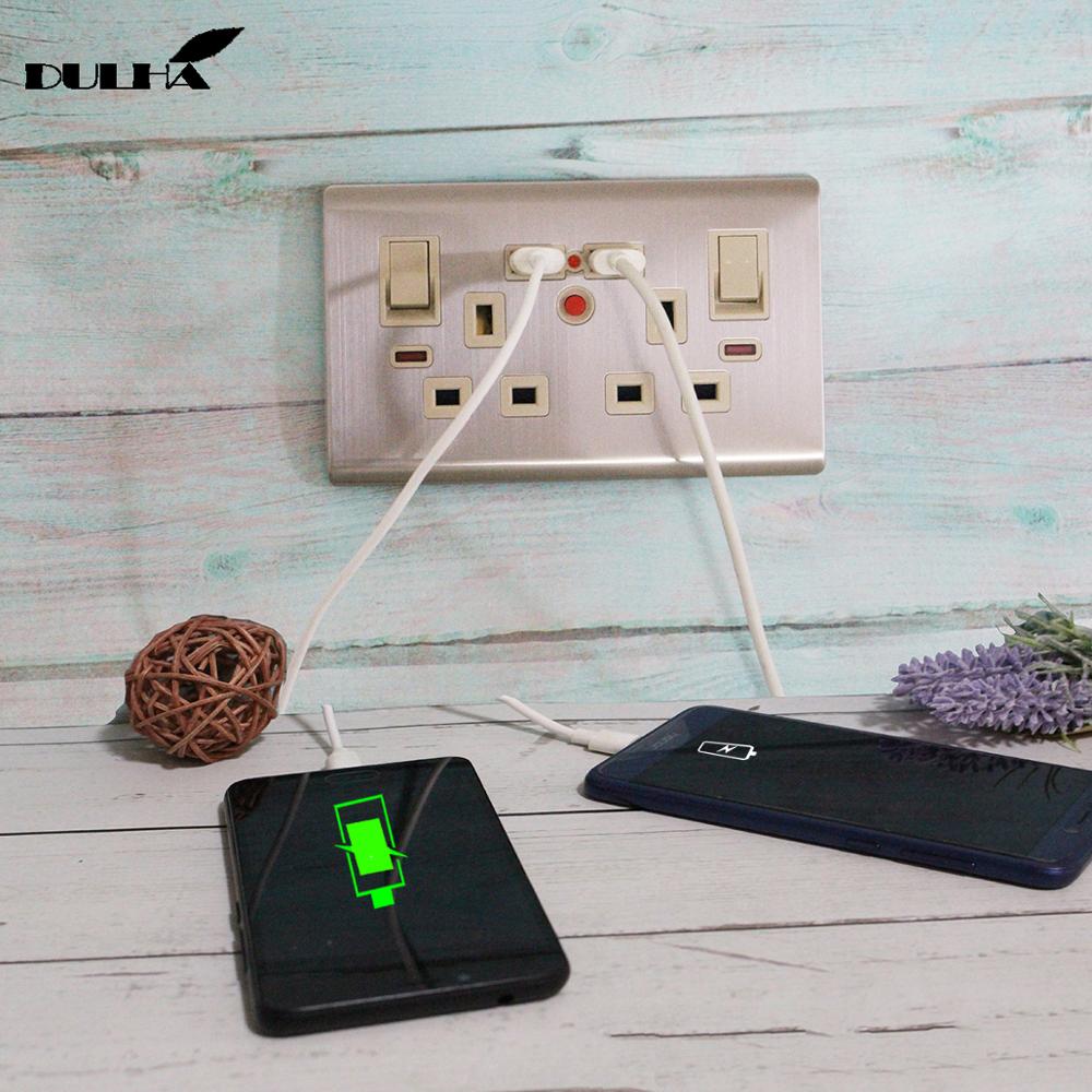 UK 13A Twin Double USB Charger Wall Switched Socket 2 Gang Electrical Power With 2 USB Ports Outlet Luxury Stainless Steel Panel