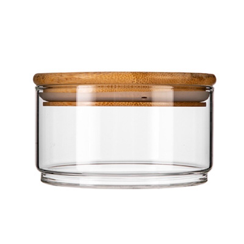 Heat Resistant Glass Food Container Small Fruit Dessert Salad Bowl with Lid Clear Stackabe Snack Storage Jars Kitchen Organizer: 1pc with wood lid