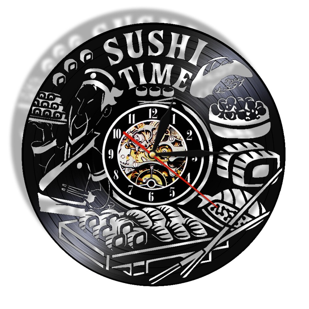 Sushi Time Antique Wall Clock Japanese Dish Foodie Vinyl Record Clock Sashimi Asian Restaurant Wall Roll Clock Sign Gourmet: Without LED