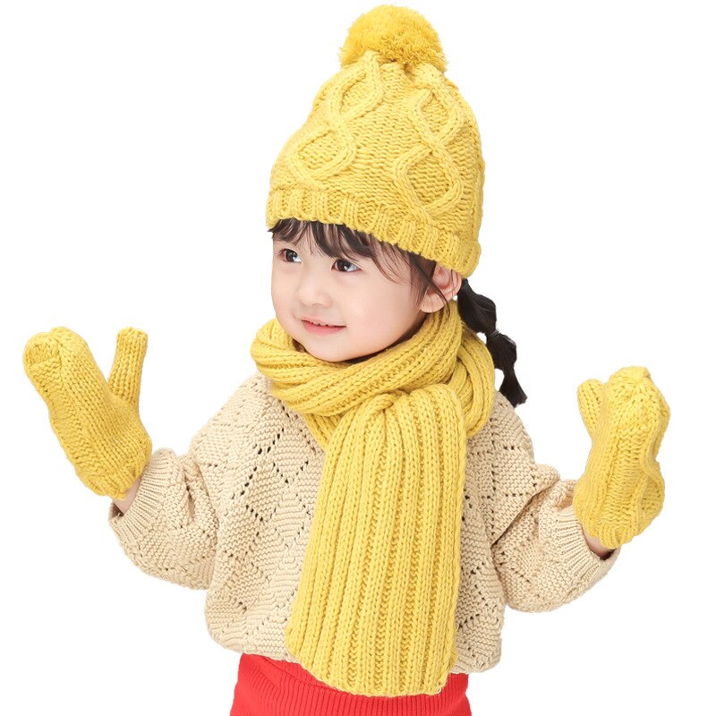 Kids Jongens Meisjes Winter Warm Breien Sjaal Hoed Handschoen Kinderen Baby Sjaals Effen Kleur Geel Rood Gebreide Caps