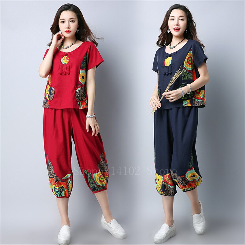 Nationale Stijl Vintage Tang Pak Vrouwen Print Korte Mouw Gesp Top Katoen Losse Broek Chinese Felame Zomer Outsuit