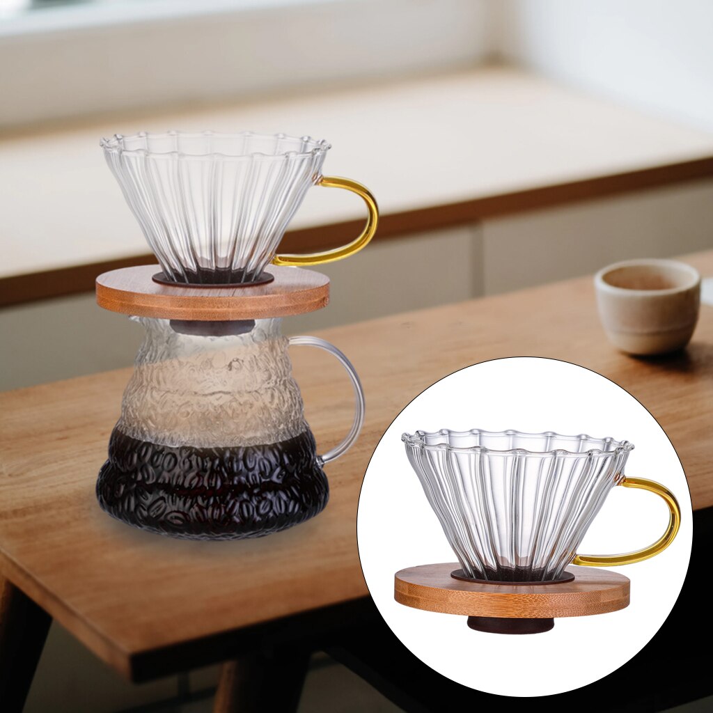 Reusable Glass Coffee Filter Cup Homemade Over Funnel Coffee Maker with Wood Holder Home Coffee Fresh Filter: Large with Handle