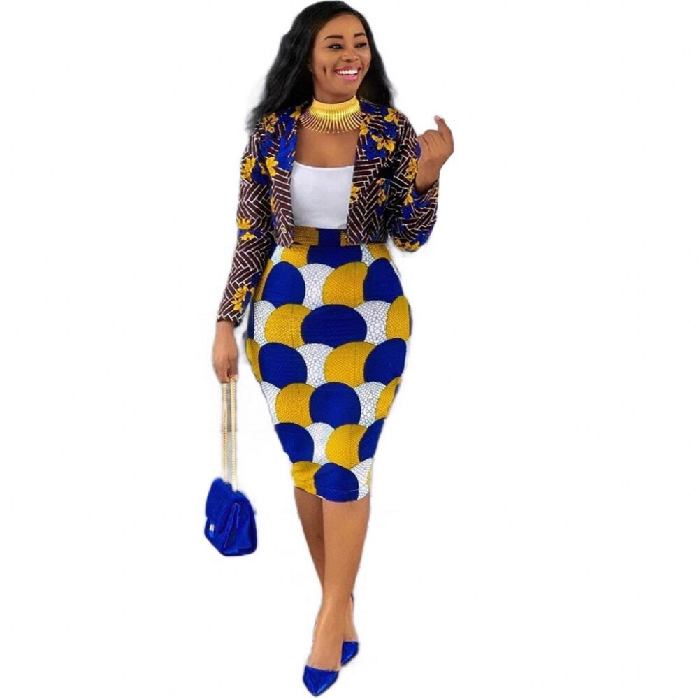 African Suit Dress Ladies Casual Suit Middle Skirt Two Commuter Skirt Printed Long Sleeve Ladies Two-piece Set