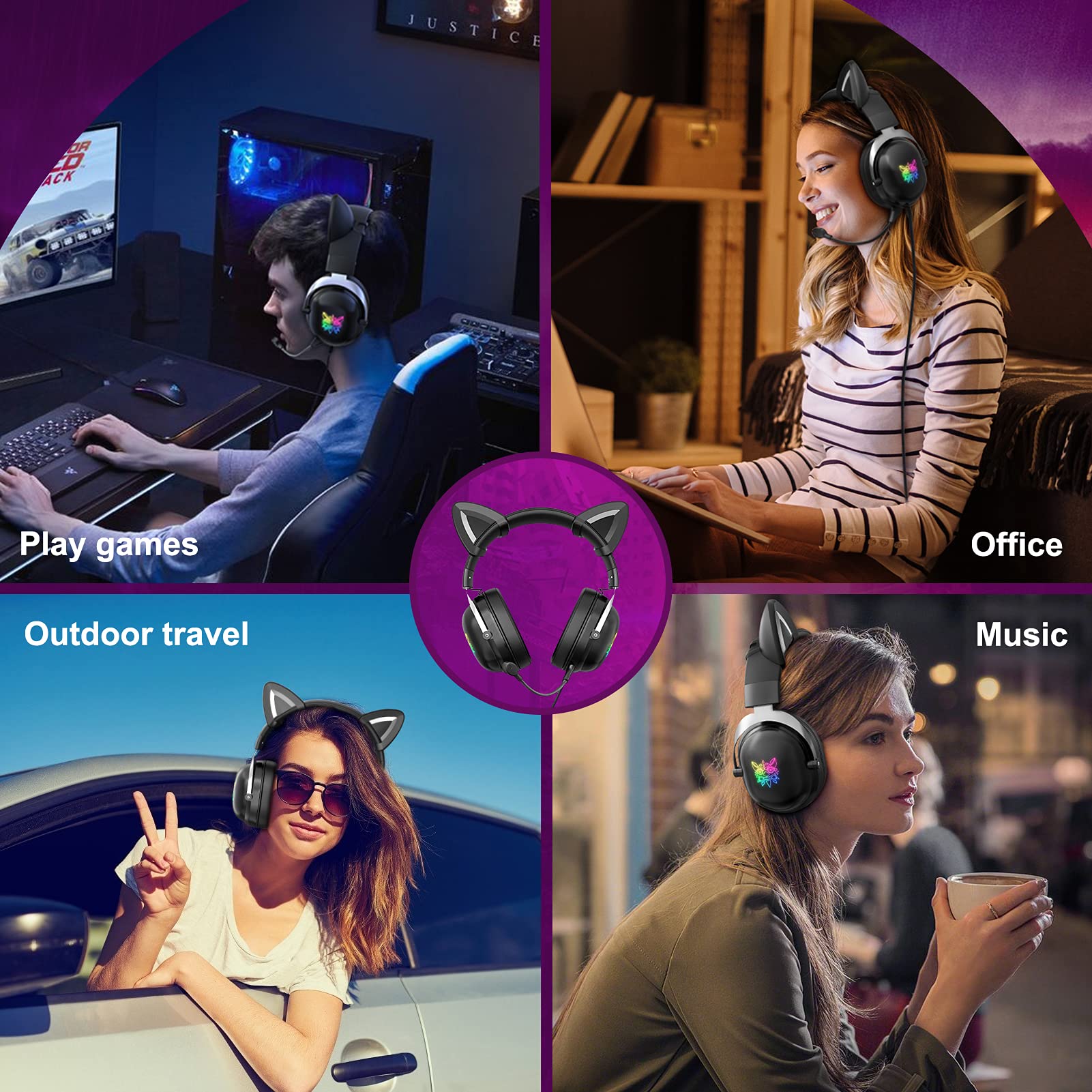 Onikuma X11 Black Cute Cat Ear Headphone with Mic Cute Gaming Headset with Mic and Noise Cancelling Headphone Gaming with Led Li