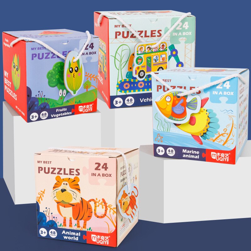 48 -teiliges kognitives frühförderpuzzle mit meerestieren, verkehrsmotiven und obstszene, tragbare box, yoys