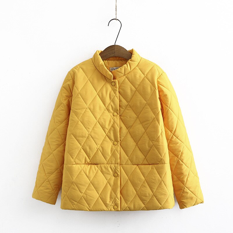 Black Big Size Short Cotton-padded Coat Long Sleeve Loose Fit Women Parkas Stand-up Collar Autumn: Yellow / XXXL