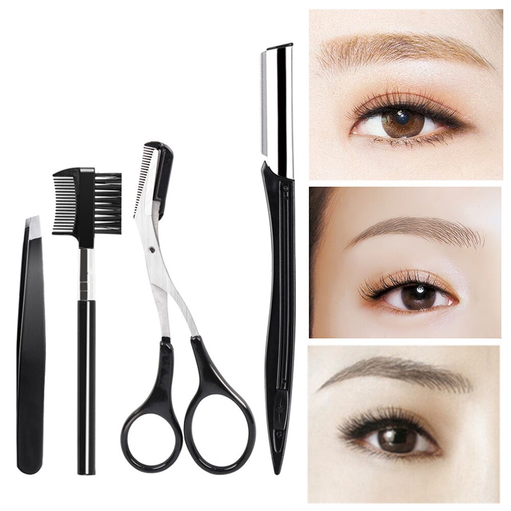 4 stuks wenkbrauwtrimmerset, kam, schaar met scheermes, epilator, gezichtsborstel, pincet, make-uptool, roestvrij staal, draagbare clip
