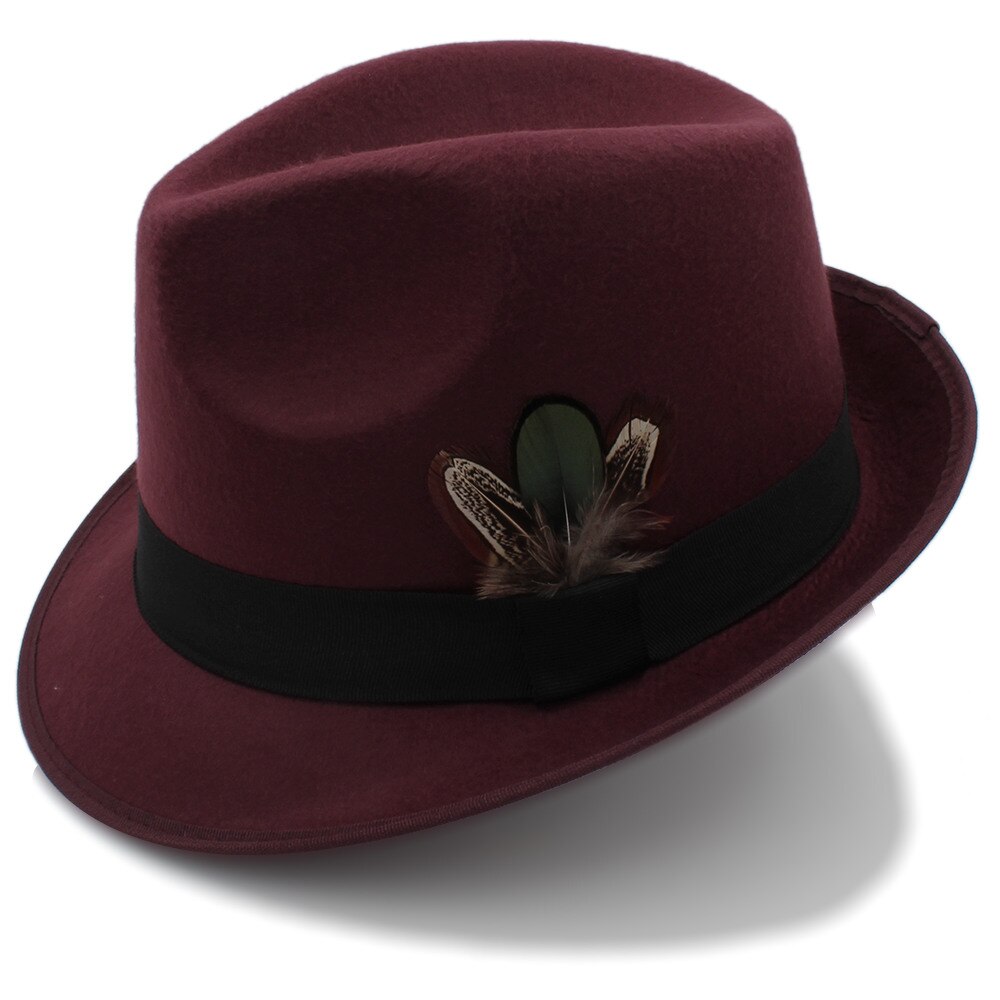 Kvinners sorte feminino filt fedora lue til dame vinter høst derby jazzhatter britiske trilby jazzhatter skinn størrelse 57cm: Vinrød