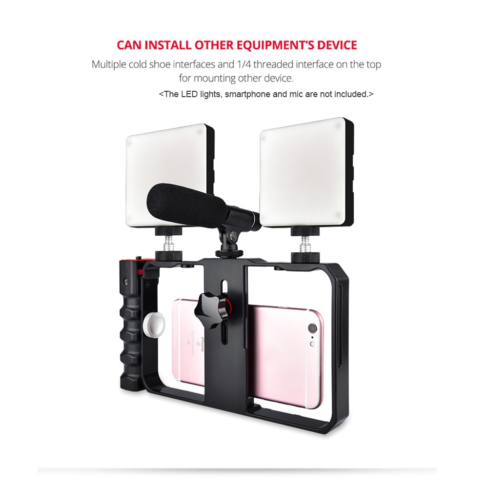 Portable Smartphone Video Rig Handheld Phone Stabilizer Grip Cage with Phone Holder 3 Cold Shoe Mounts Handle for iPhone Xs