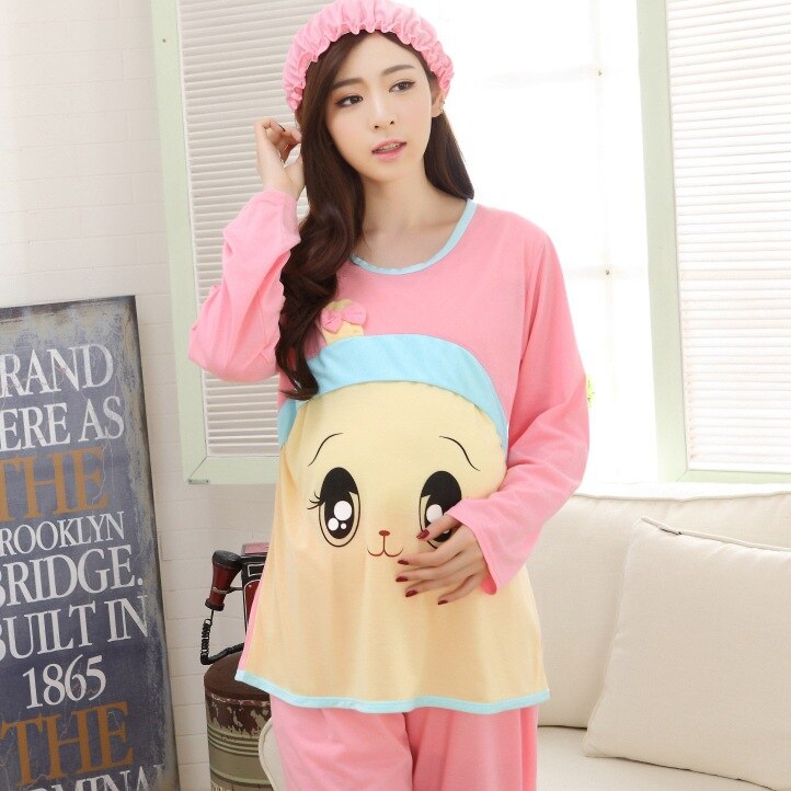 Spring Cotton Pajamas Cotton Feeding Home Furnishing Maternal Lactation Month Long Sleeved Suit Suit Mushroom Head