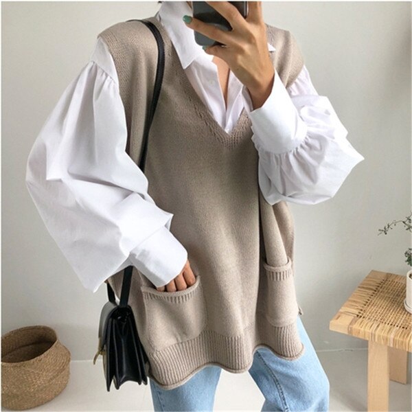 Rugod Herfst Winter Stijl Chic Vintage Effen Kleur Split Vest V-hals Gebreide Trui Mode Kpop Kleding Plus Size: Khaki