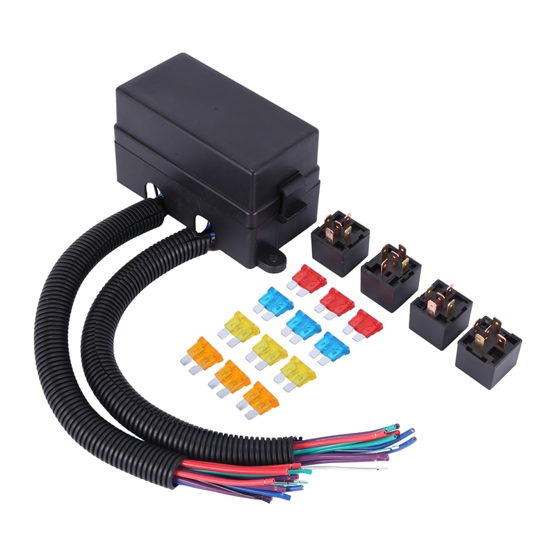 12 -suuntainen sulakkeen pidikelaatikko, jossa on lapaliittimet ja sulake 4 kpl 5 -nastainen 12v 80a -releitä kuorma -auton perävaunulle ja veneelle
