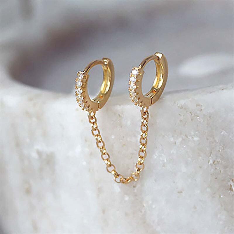 1Pc Zwei Loch Hoop Ohrring Kristall Zirkon Punk Hip Hop Ohrringe Gold Piercing Schmuck für Frauen Zubehör Mädchen