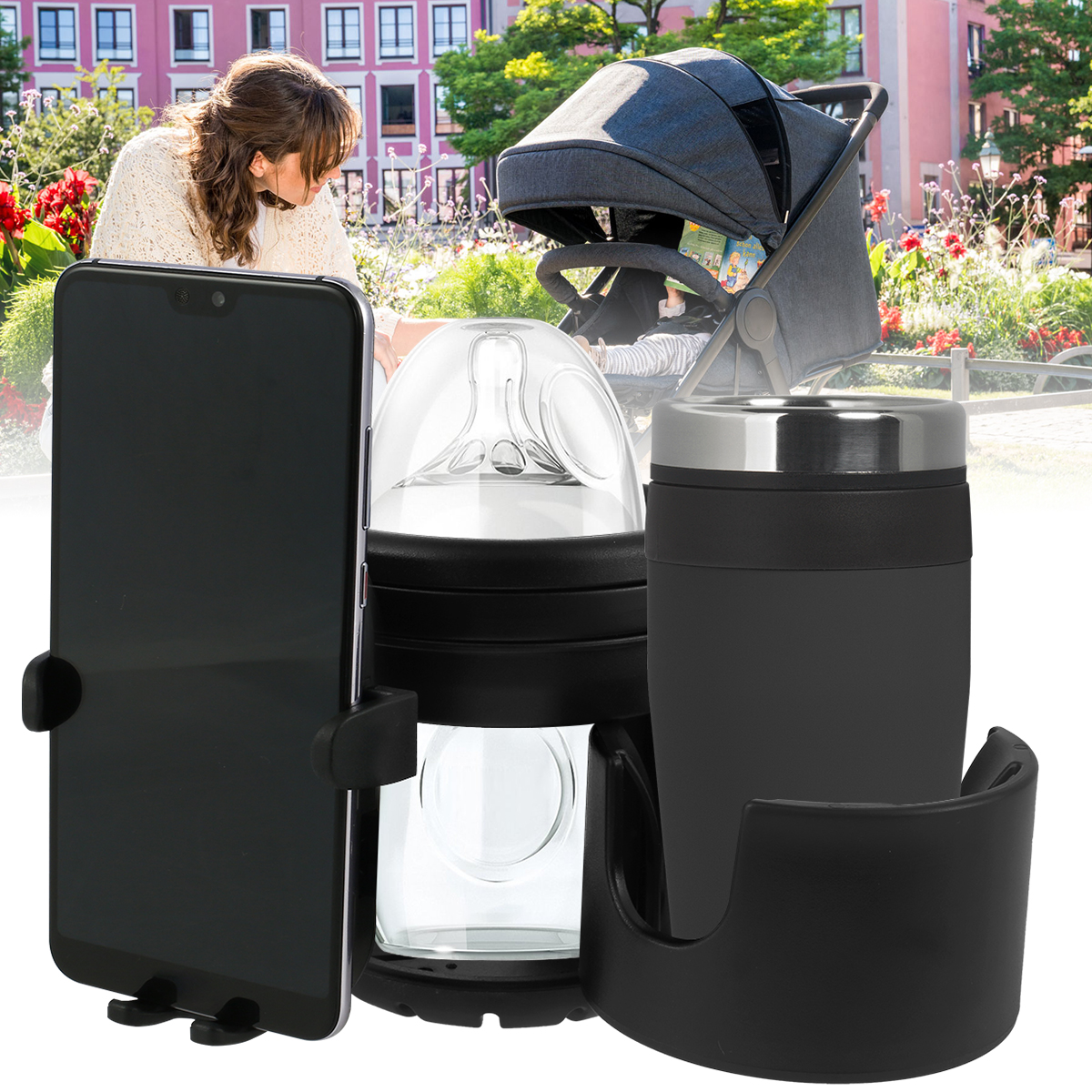 Kinderwagen Bekerhouder Universele Kinderwagen Waterflesstandaard 360° ° Roterende telefoonhouder Dubbel gat Babyauto's Organizer Cup Rack