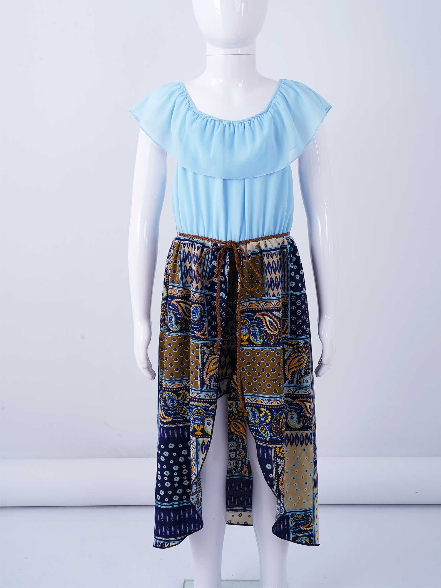 Big Girl Overalls Off-shoulder Girls Romper Patchwork Bohemia Girls Jumpsuit Dress Summer Girls Clothes Outfits 6 8 10 12 14 Yrs