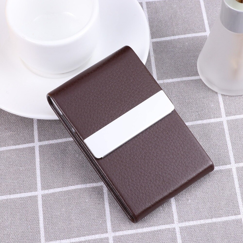 Big Capacity Vertical Section Business Name Holder Credit Holder Unisex Visit Case Metal Wallet PU Leather Solid Steel B: Coffee