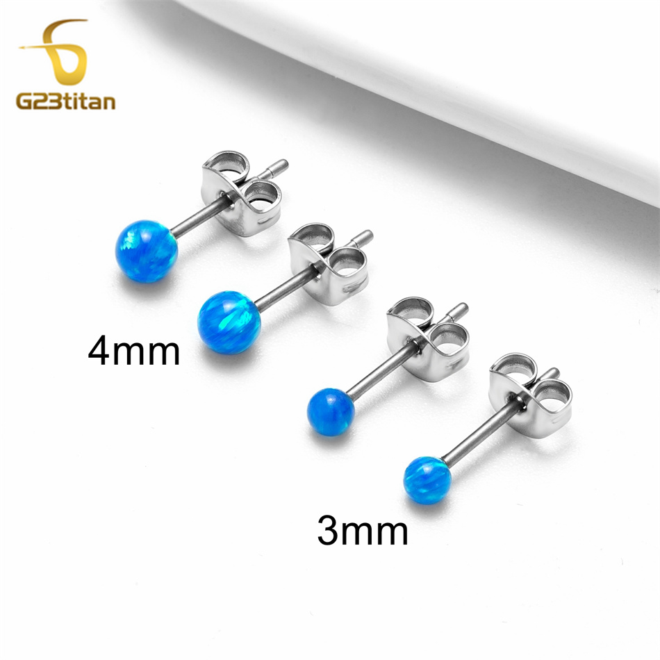 1 par de pendientes de ópalo de fuego, joyería hipoalergénica de titanio para Piercing en la oreja, pendientes simples de piedra de bola pequeña, accesorios para hombres y mujeres: Blanco / Color dorado
