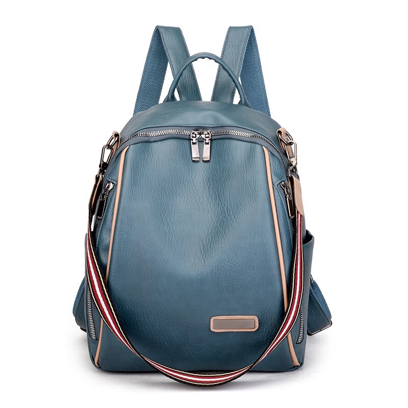 Women 's backpack spring wild soft leather leisure travel large capacity blue color bag purse: NO.1