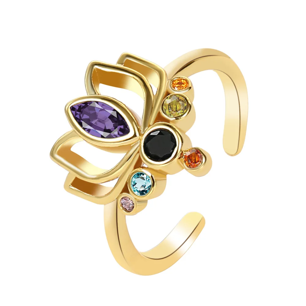 YILUOCD flor de loto Boho anillos de Yoga coloridos 7 anillos de Chakras para mujeres curación cristales de arcoíris amuleto joyería: Rojo