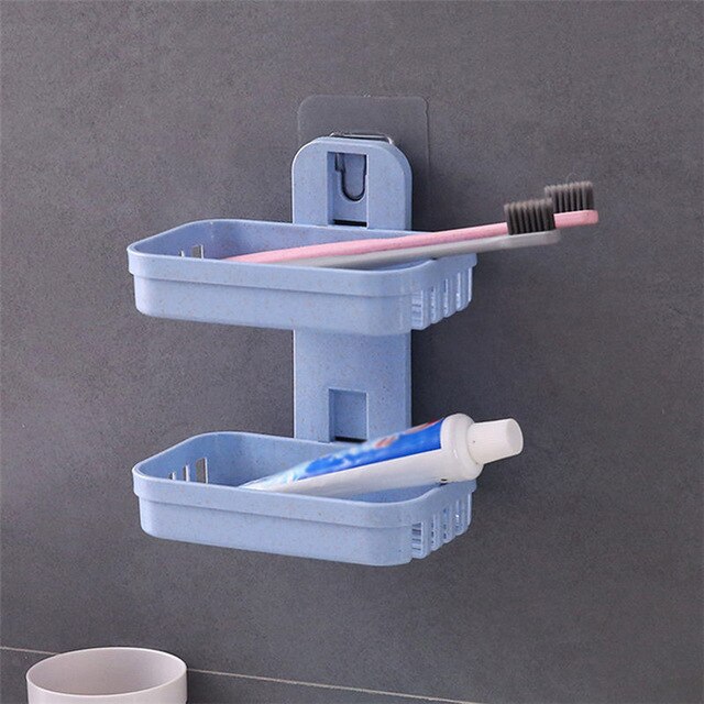 Badeværelsessugekop sæbeholder plastbeslag vægmonteret afløbssæbe opbevaring dobbelt hylde til i: Blå