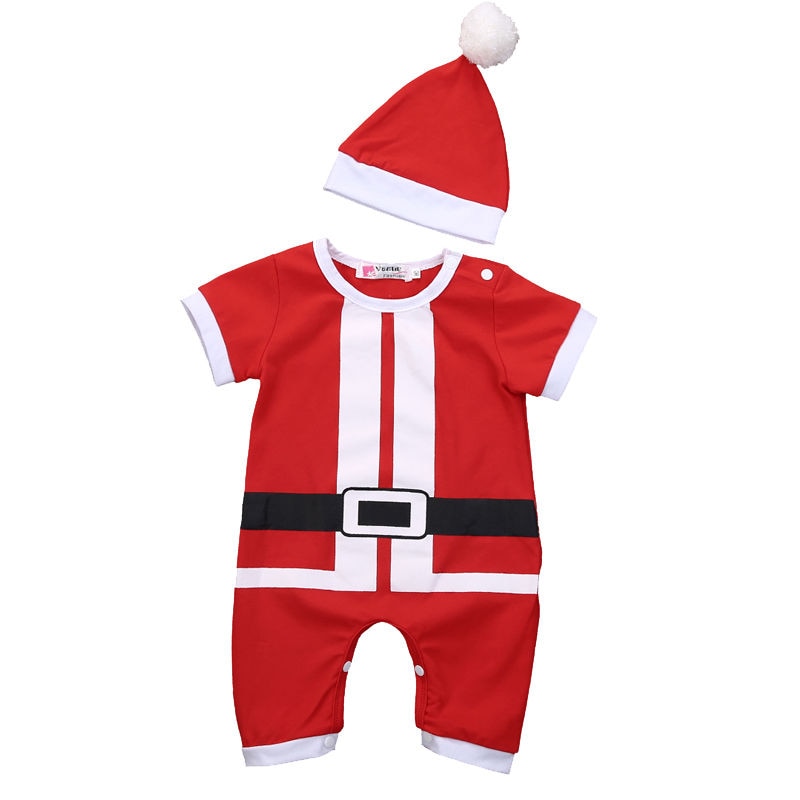 Spring Autumn Christmas Baby Boy Girl Santa Romper Short Sleeve Jumpsuit Hat Outfits Clothes