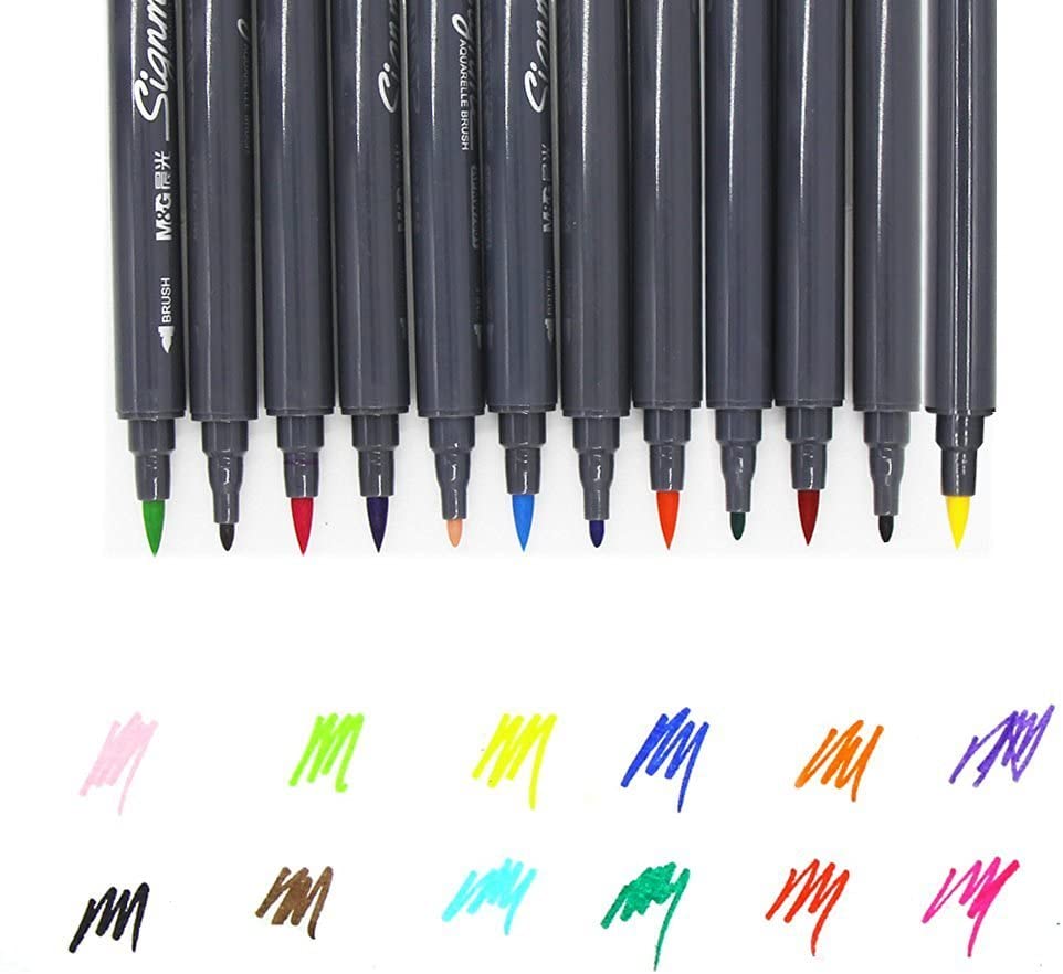 Sæt  of 12 markørpenne med dobbelt tip, fint vand og børstespids baseret på tegning, maling og tegning af tidsplan for tegning af farvebøger