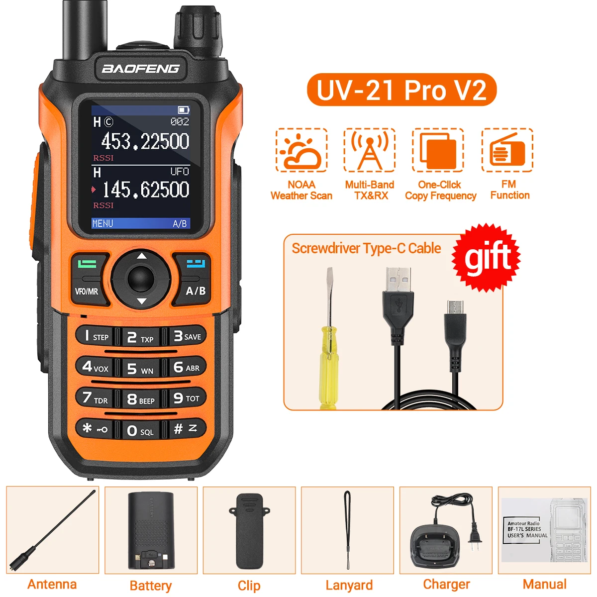 Baofeng UV-21 Pro V2 Wireless Copy Frequency Mutli Band Powerful Waterproof Long Range UV-5R Long Range Type-C Two Way Ham Radio: Blue / EU