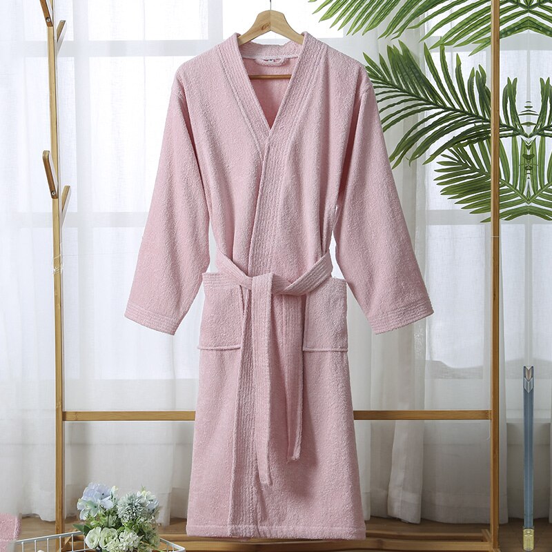 100% Cotton Bathrobe for Men Long Thick Absorbent Terry Bath Robe Kimono Men Towel Bathrobe Plus Sleepwear Women Dressing Gown: L / Pink