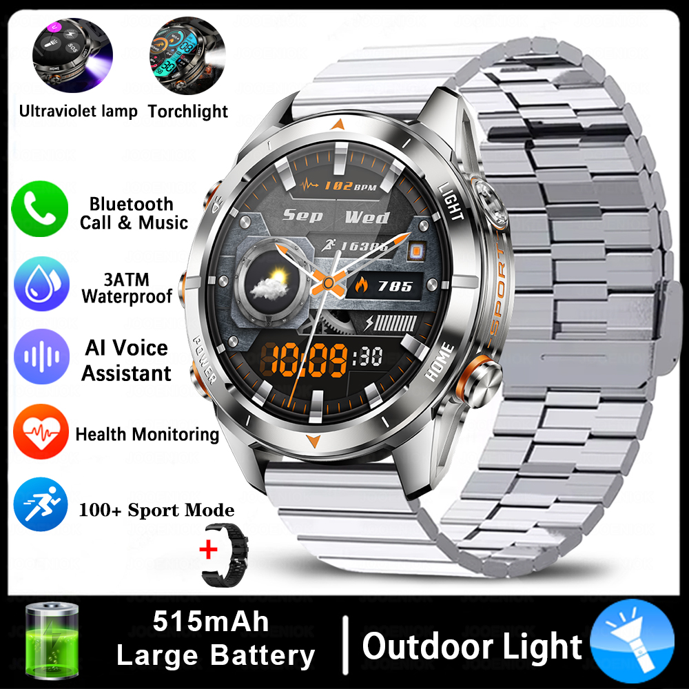 Quatro botões bluetooth chamada relógio inteligente masculino 1.43 Polegada hd sreen 100 + esportes 3atm lanterna à prova dwaterproof água smartwatch homem para huawei: Prateado