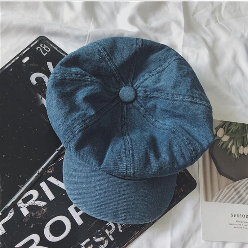Denim unisex newsboy kasketter efterår cowboy hatte til kvinder mandlige ottekantede hat cabbie chauffør kasket flad top koreanske maler hatte