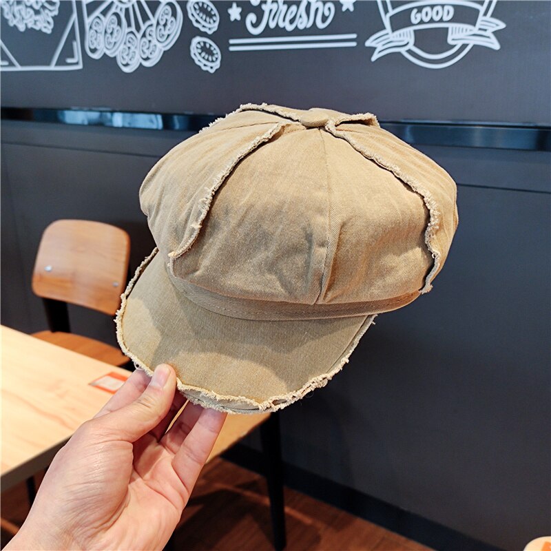 Chapeau coréen octogonal pour femme, Dongdaemun rétro, littéraire, lavage et vieux bords, béret de journal, printemps et été: Kaki