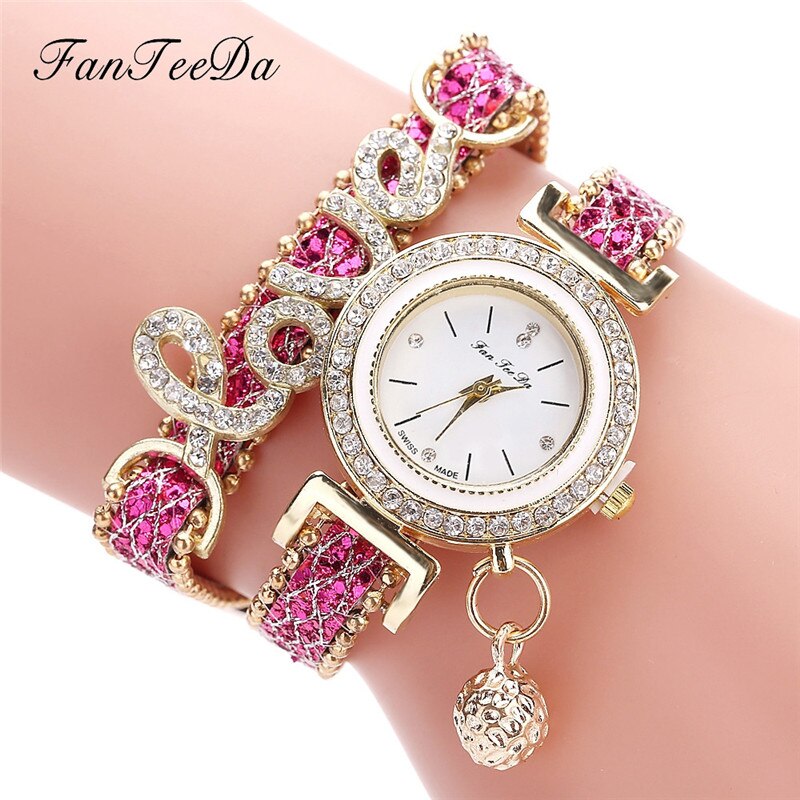 FanTeeDa Brand Luxe Vrouwen Horloge Horloges Liefde Woord Lederen Band Dames Armband Horloge Casual Quartz Horloge Klok: Rose