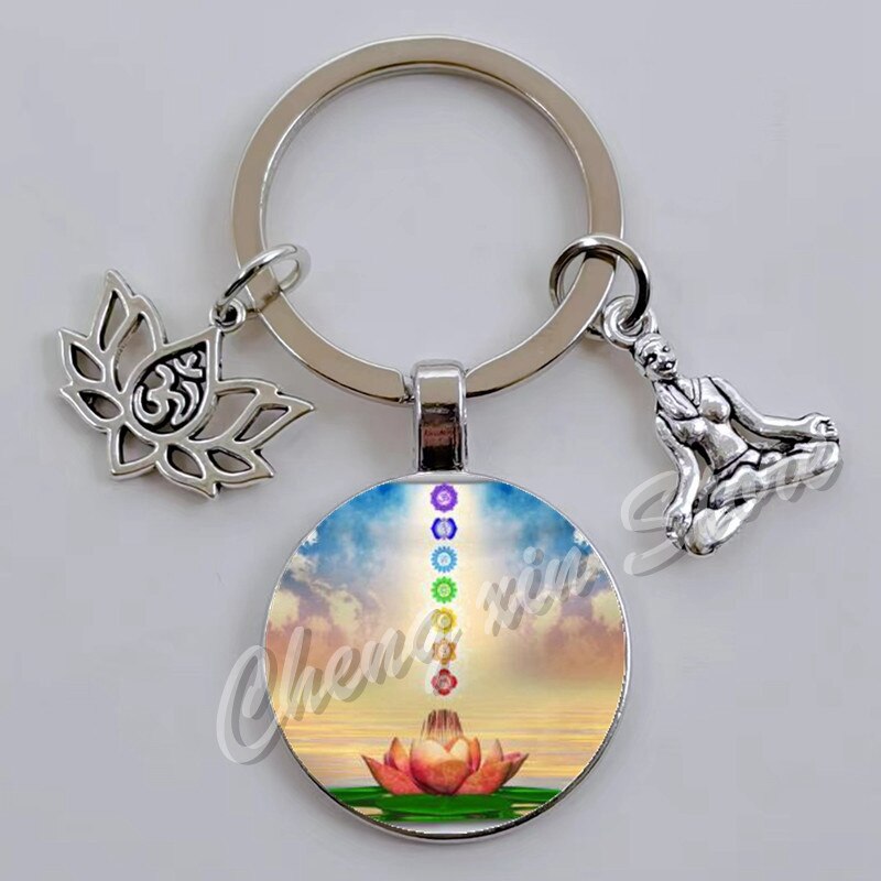 Indian Buddha Meditatie 7 Chakra Mandala Psychedelische Yoga Glas Cabochon Sleutelhanger Ornament: Licht Roze