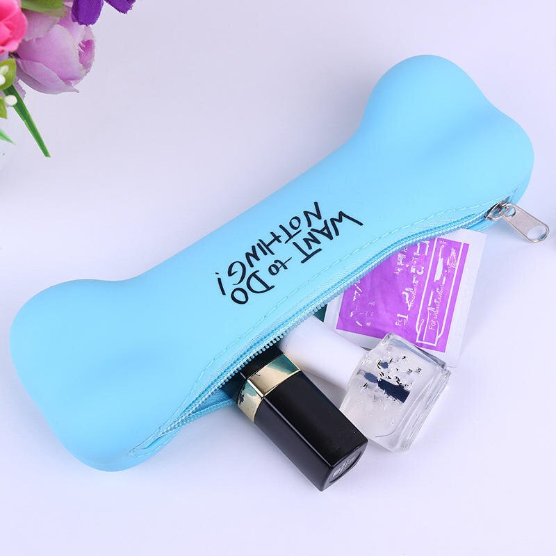 Kawaii Candy-colored Bone-shaped Pen Bag Silicone Zipper Pencil Cases Lovely Letter Style Cosmetic Stationery Pouch School Suppl