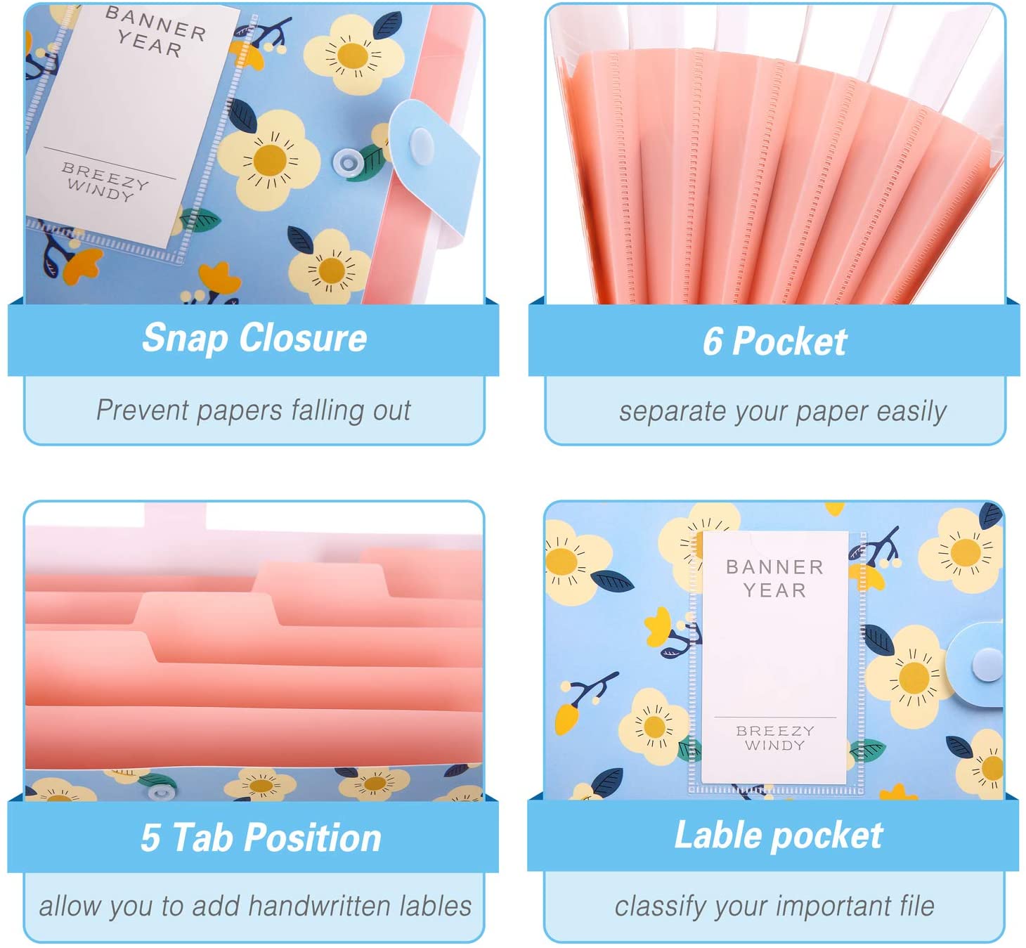 A4 File Folders with Labels, 5 Pockets Expanding File Folder with Snap Closure Accordion Document Organizer for School ,Office