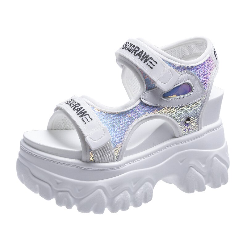 Sandalias deportivas de suela gruesa para mujer, zapatos de plataforma ligeros de suela suave con velcro, novedad de verano de: Blanco / 35