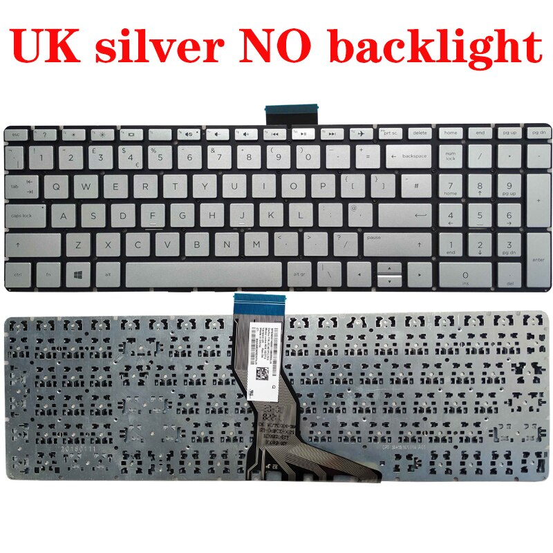 US/UK/SP/GR Laptop keyboard for HP 15-BS 15-BR 15-BW 15T-BR 15Q-BU 15T-BS 15Z-BW 250 G6 255 G6 256 G6 258 G6 TPN-C129 TPN-C130: UK silver NO backlit